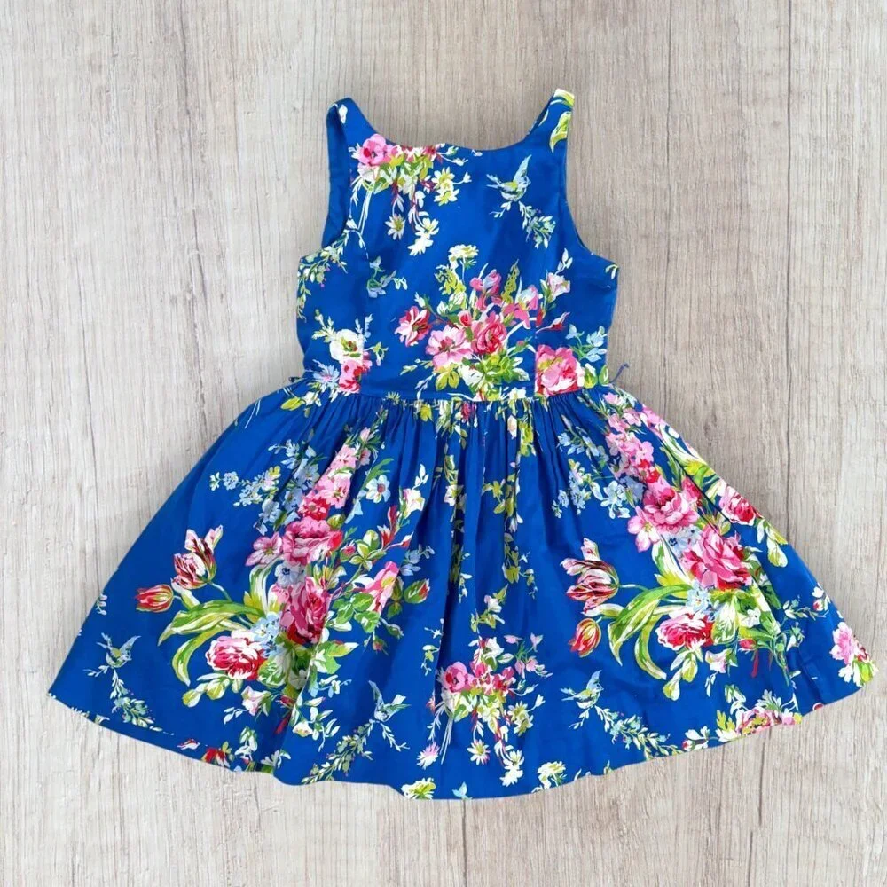 Polo Ralph Lauren Blue Floral Cottagecore Garden Party Sleeveless Dress Girls 12